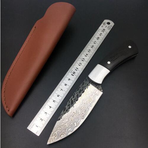 58HRC Straight forged Handmade Damascus Steel pattern hunting knife fixed knife ebony handle with leather sheath