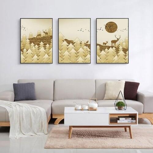 Abstract Mountain Reindeer Poster Golden Canvas Painting Bird Sun Wall Art Pictures For Living Roome Modern Home Decorative