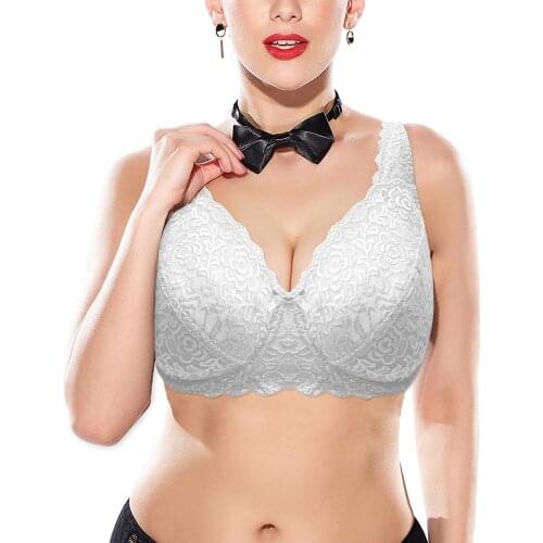 White Women Lace Bra Full Coverage Underwire Unlined Everyday Plus Size Bras Top 34 36 38 40 42 44 46 C D E F G H I