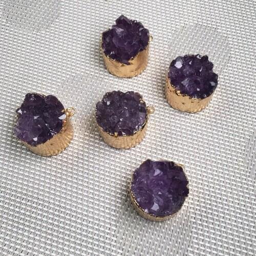 1PC Natural Round Amethysts Cluster Pendant Fashion Crystal Druzy Charms For Jewelry Making DIY Necklace Earrings Size 25x30mm
