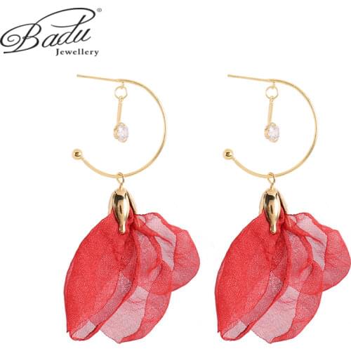 Badu Long Flower Earrings Spun Yarn Earrings Metal Zircon Pendants Jewelry Transparent Silk Cloth Accessories Modified Face Gift