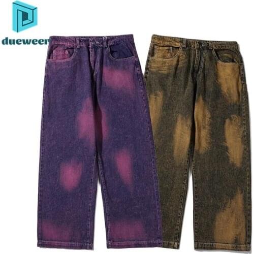 DUEWEER Men Wide Leg Tie Dye Jeans Brown Casual High Waisted Denim Pants Trousers Streetwear Mens Hip Hop Baggy Graffiti Jeans