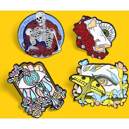 Rose Skull Eye Nose Enamel Pin Skeleton mother and baby Flying bird kite Brooches Clothes Lapel Bag Badge Jewelry Gift for Kids