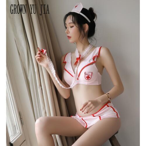 Erotic Women Intimate Nurse Uniform Short Skirt T-back Set Porno Cosplay Costums Naughty Lingerie Hot Nurse White Underwear