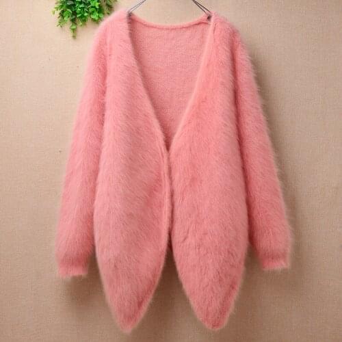 Top mujer female women sweet pink slit style hairy mink cashmere long sleeves loose cardigans mantle angora fur jacket coat pull