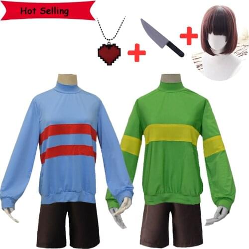 Anime Undertale Frisk Chara Cosplay Costume Andertail Sweatshirt High Collar Long Sleeve Clothes Shorts Knife Necklace Brown Wig