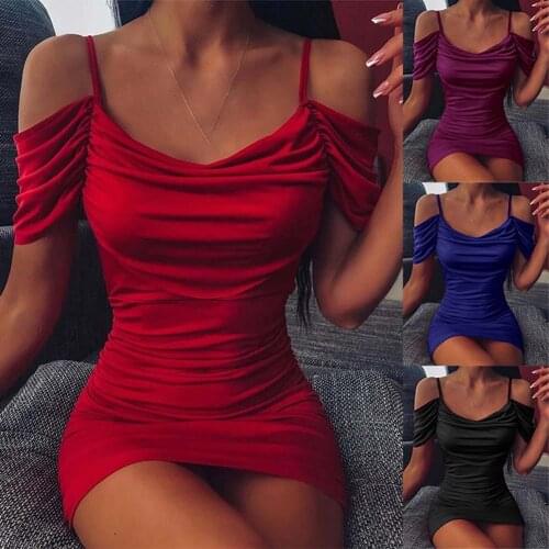 Summer Women Sexy Solid Color Cold Shoulder Short Sleeve Ruched Bodycon Mini Dress Club Wear Vestidos Women Clothing 3XL