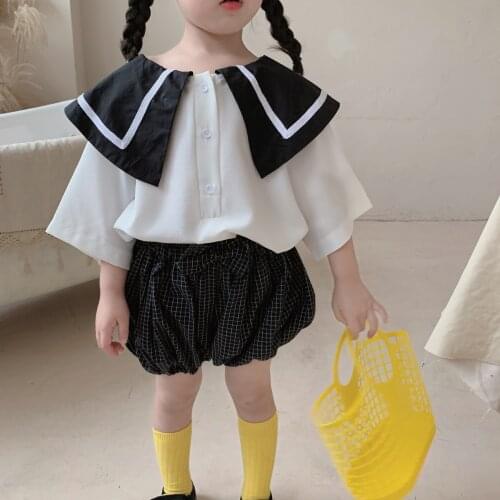 Summer Baby Girls Clothing Korean Girls Navy Style Short Sleeve Shirts Kids Big Lapel School Style Blouse Toddler Child Clothes