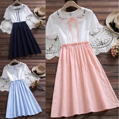 1pcs Cute Girl Bowknot Embroidery Short Sleeve Dress Student Daily Summer Outdoor Clothes for Girl Birthday Gift