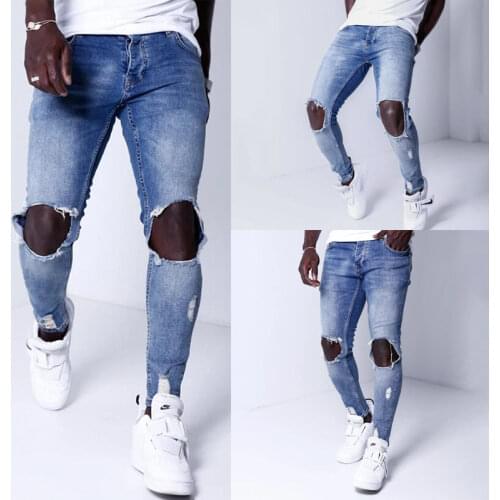 Mens Pierced Jeans Blue Elastic Hip Hop Youth Small Foot Tide Brand Fashion Personality Long Men 450g Men Clothing Streetwear