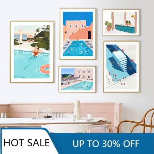 Summer Swimming Pool Party Toilet Wall Art Canvas Painting Posters and Prints Wall Decor Pictures for Bathroom Living Room Decor
