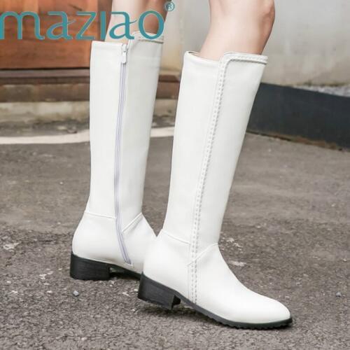 New Round Toe Riding Equestrian Boots Buckle Zipper Knee High Boots Autumn Winter Women Boots Med Heels Shoes Female MAZIAO