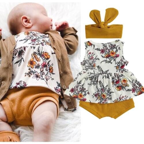 Three Piece Baby Girls Clothes Summer 2021 Fashion Flower Print Sleeveless Tops and Solid Color Short Pants with Headband