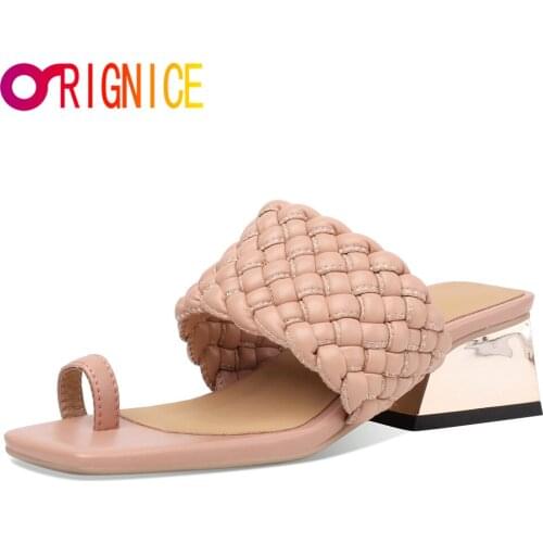 Orignice Summer Roman Woven Sandals Chunky High Heels Slippers Pinch Narrow Band Ladies Square Toe Slip On Party Dress Shoes