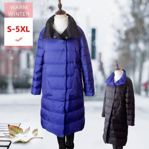 New Reversible Long White Duck Down Jacket Stand Collar Female Ultral Light Slim Thin Down Coat Both sides to wear With Button