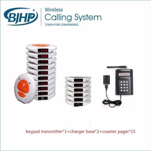Restaurant guest calling system keypad transmitter*1+charger base*2+coaster pager*15
