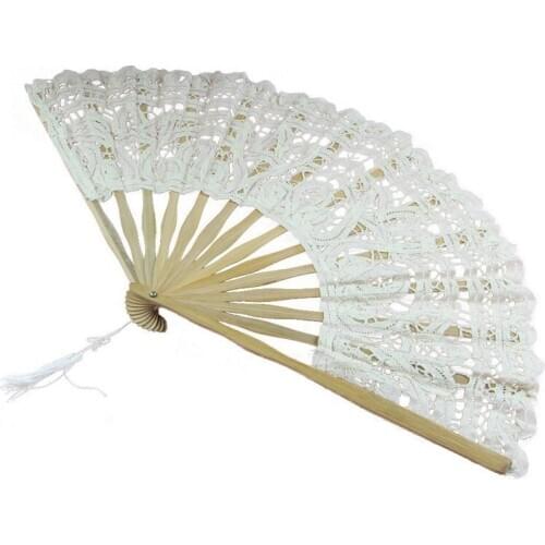 Handmade Cotton Lace Folding Hand Fan for Party Bridal Wedding Decoration ( Beige)