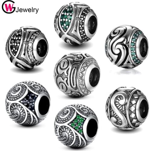 GW Silver Charms 925 Silver Sterling Classics Collectible Pave Maori Charm CZ Round Shape Bead For Bracelet DIYJewelry Making