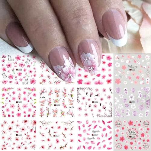 1pcs Pink Flower Water Sliders on Nail Cherry Blossom Spring Sticker Nail Art DIY Decal Manicure Decorations NFA1621-1632