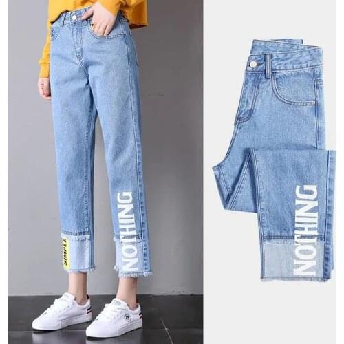 Women Print Straight Jeans Soft Plus Size 26-32 Spring Autumn Ankle-Length Denim Pants Ladies Office Work High Waist Trosuers