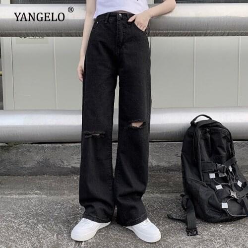 Black Pants Wide Leg Jeans for Women Summer Autumn 2021 Harajuku Loose Ripped High Waist Straight Leg Gothic Trousers Female