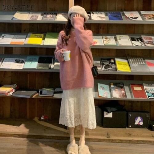 Sets Women Loose Sweet O-Neck Long Sleeve Solid Pullover Sweaters Lace Mid-calf Dress Elegant Female 2 Piece Tender Ulzzang New