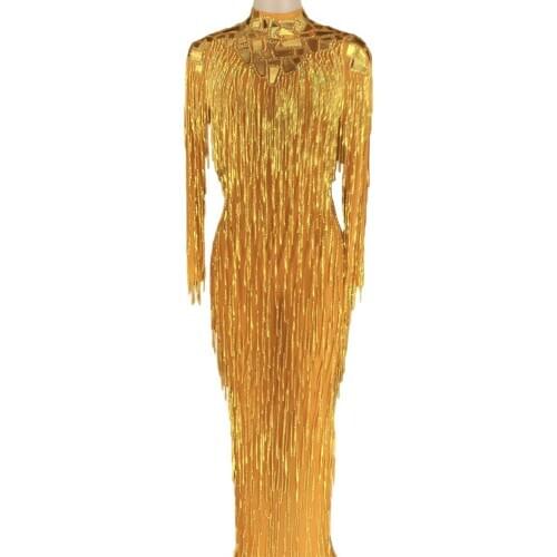 Long Sleeve Women Birthday Prom Party Dresses Stage Performance Costume Silver Rhinestone Fringes Transparent Mirrors Dress