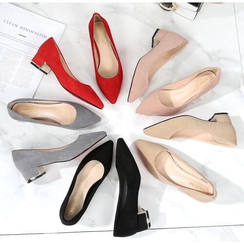 Big Size 34-43 Women Suede Leather Shoes 3.5CM High Heels Ladies Dress Work Shoes Slip On Pumps Woman Square Heels Wedding Shoes