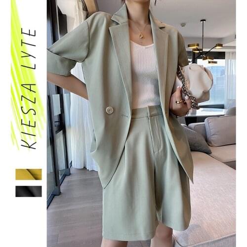 Two Piece Set Women Suit Green Short Sleeved 2021 Summer High Street Fashion Blazer 2 PCS Sets OL Female Outfits