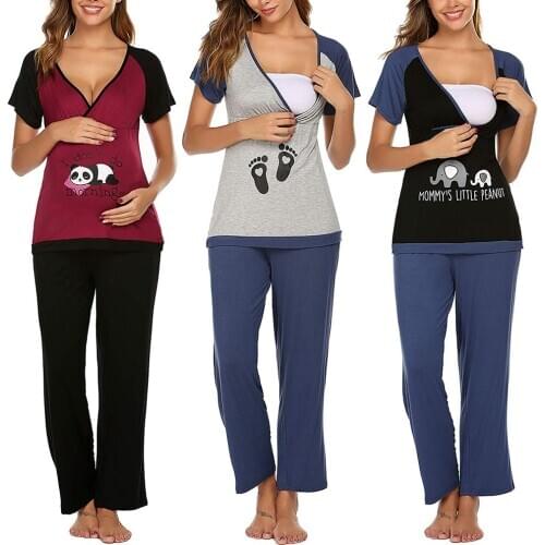 Women Maternity Pajamas Set Nursing Baby Print T-shirt+Shorts Cotton Maternity Pajamas Set Women Pregnancy Nightwear For Nursing