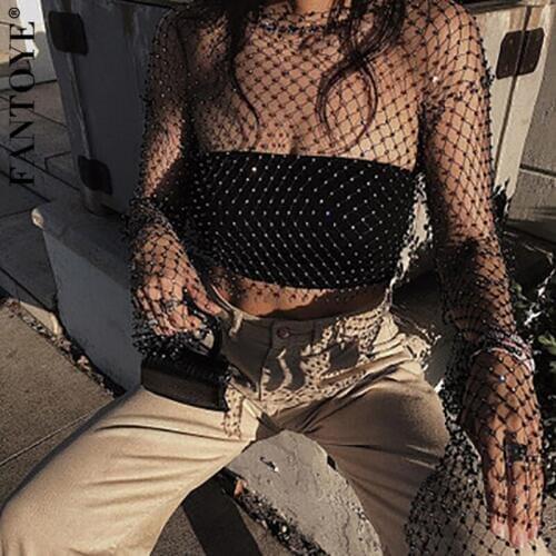 Fantoye See Through Crystal Diamond Fishnet Top Women Sexy Hollow Out Summer Beachwear Party Tops Shiny Short Tees Club Top 2021