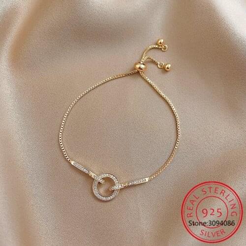 925 Sterling Silver Micro Inlaid CZ Circle Snake Chain Adjustable Bracelet for Women Geometric Party Jewelry Gifts S-B442