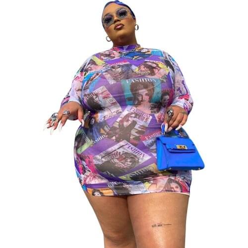 Printed Long-sleeved Purple Dress Plus Size Casual High Street Wear Sexy Stylish Clothes for Women 2021 Wholesale Dropshipping