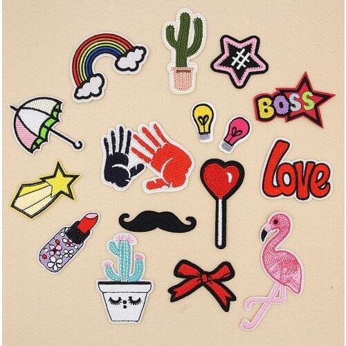 1 Set Flamingo Cactus Love Umbrella Bulb Embroidered Iron On Patches For Clothing Badge Clothes Sticker Stripes Applique