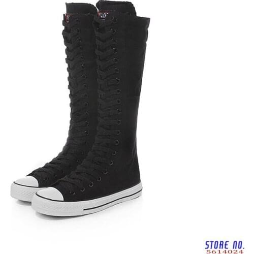 Plus Szie 35-43 Fashion Women Canvas Shoes High Top Knee High Shoes Women Flat Casual Tall Punk Shoes MA-68