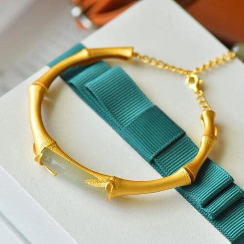 Bamboo Bracelet Ancient Gold Sterling Silver Inlaid Natural Hetian Jade Gray Jade Bracelet Adjustable Mouth to Give Mom Jewelry