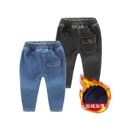 Boys Jeans Kids Plus Velvet Thick Denim Pants 2021 Winter Childrens Clothing Korean Patch Pocket Denim Pants Baby Cowboy Jeans