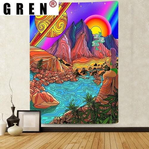 GREN Trippy Mountain Sun Tapestry Colorful Psychedelic Art Wall Hanging Tapestries for Living Room Bedroom Home Dorm Decor
