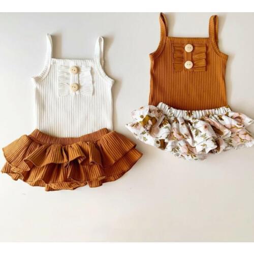 Infant Baby Girl Sleeveless Sling Floral Tops Romper+Tutu Shorts/Skirt Outfit Sunsuit Summer Casual Baby Girl Clothes Set