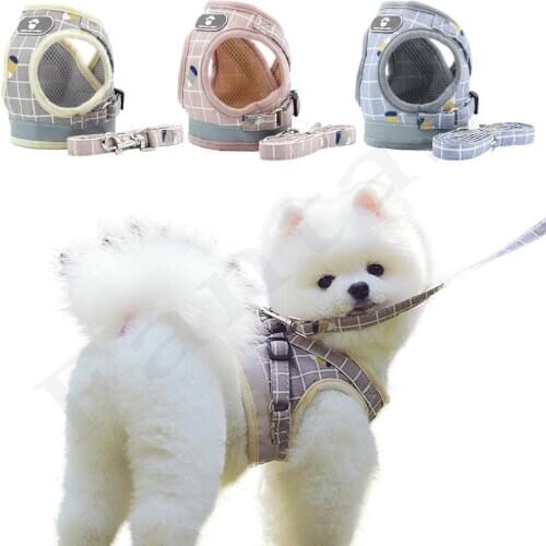 Adjustable Dog Leash Harness Sets Reflective Breathable Plaid Mesh Vest Pet Supplies Soft Dog Accessories For Small Medidum Dog