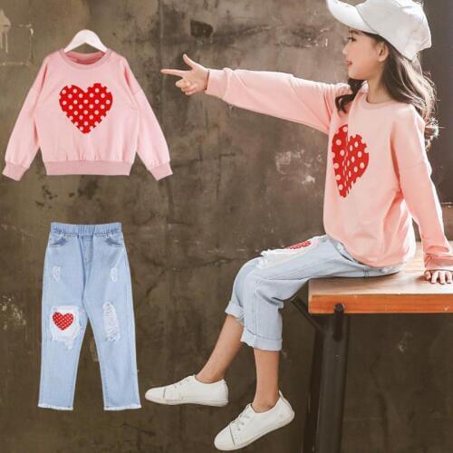 Girls Clothing Set 2Pcs Heart Print Pullover Sweatshirts + Grinding holes Jeans Denim Pants Teenage Girls Princess Clothes Set