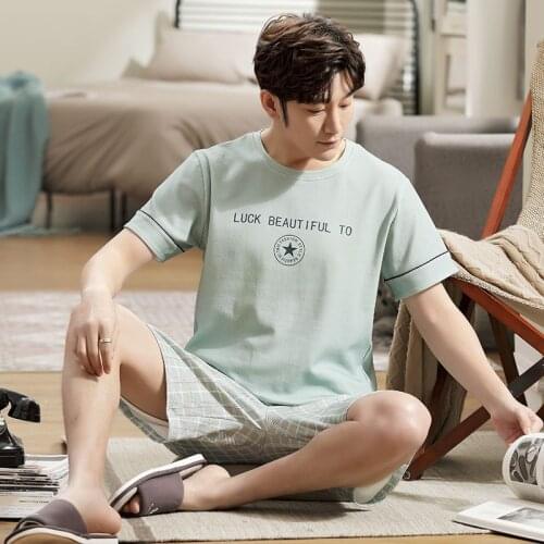 2 Pieces Set Sleep Tops Pants Man Pajamas Set Cotton Summer Sleepwear Home clothes Male pijama Set Plus Size pyjama homme 2021