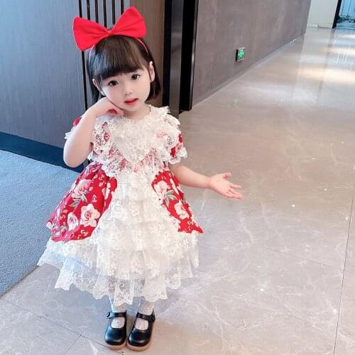 LISUNNY Summer Girls Dress Lolita Style Princess Dress Children Lace Tutu Flowers Red Dress Kids Birthday Party Clothing