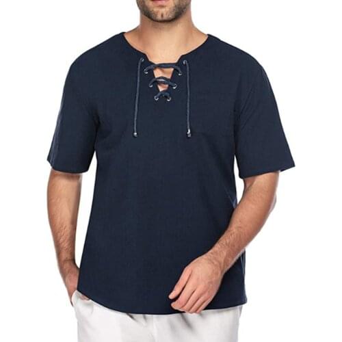 Men Lace-up Collar Short Sleeve Top Summer Male Pocket Solid Color Loose T-shirt Cotton Line Tops S-XXL
