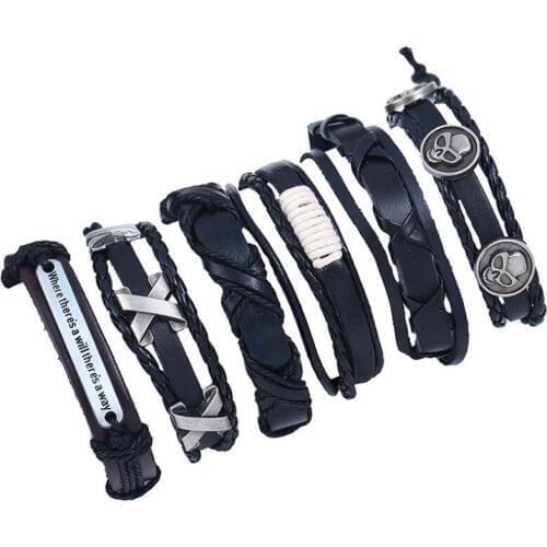 Punk Gothic Rock Fashion Skull Alien Charm Leather Bracelets Black Skeleton Braided Rope Wristbands Bangle Retro Vintage Jewelry