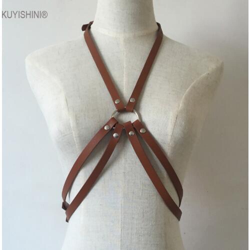 Sexy Women Punk Nightclub Halter Caged Harness Faux Leather Gothic Body Bondage Bustier Corset Sculpting Chest Waist Belt