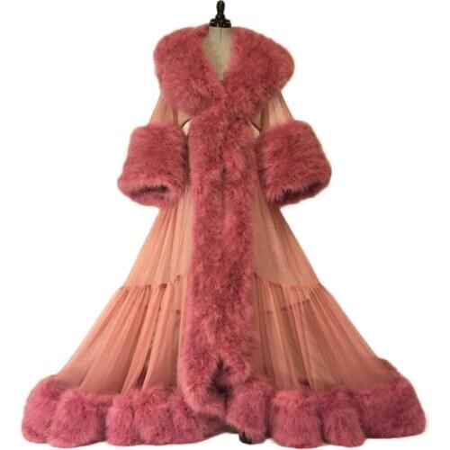Luxury Fur Night Gown Ruched Tulle Bride Sleepwear Robes Chic Winter V Neck Long Sleeves Custom Made Dressing Pajamas