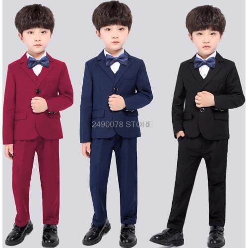 Flower Boys Formal Wedding Suit Kids Birthday Party Blazer Jacket Vest Pants Tie 4Pcs Tuxedo Dress Gentleman Host Costume