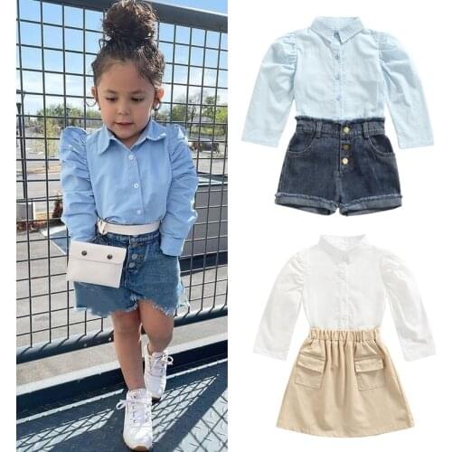 FOCUSNORM 1-6Y Fashion Kids Girls Clothes Sets Solid Long Sleeve Single Breasted Shirts Tops Button Denim Shorts 2pcs