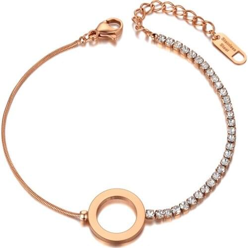 Bohemia Titanium Stainless Steel CZ Crystal Chain Choker Bracelet Rose Gold Beach Circle Bracelet For Women B20066